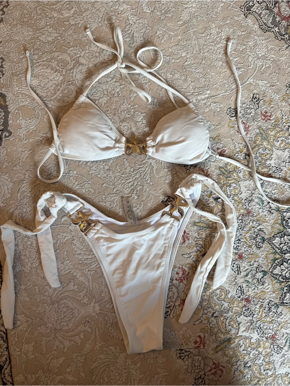 White Women’s Tie Bikini Set with Gold Hardware